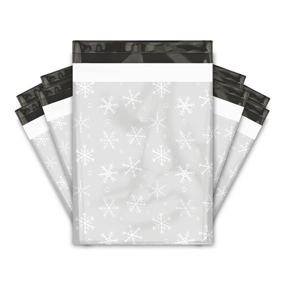 100 10*13" Poly Mailers-White Silver Snowflakes - Picture 1 of 2